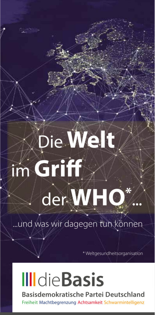 Flyer zum Thema WHO und Pandemievertrag. Zu sehen ist eine Karte von Europa bei Nacht.